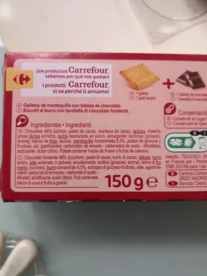 Lista de ingredientes del producto Galletas de mantequilla  con tableta  chocolate Carrefour 150 g