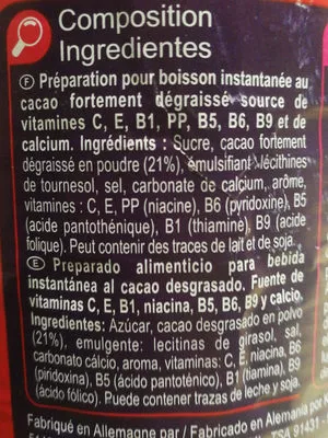 Lista de ingredientes del producto Préparation pour boisson instantanée Goût Choco Carrefour 400 g