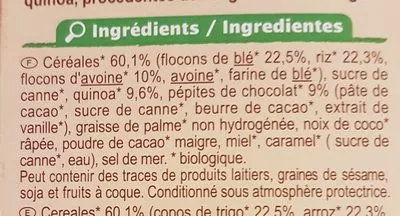 Lista de ingredientes del producto Muesli Croustillant céréales, chocolat et quinoa Carrefour Bio 500 g ℮