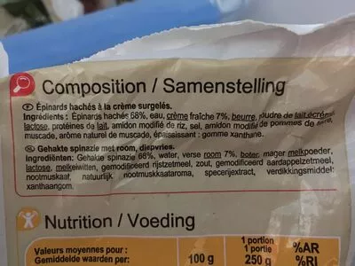 Lista de ingredientes del producto Épinards hachés Carrefour 1 kg