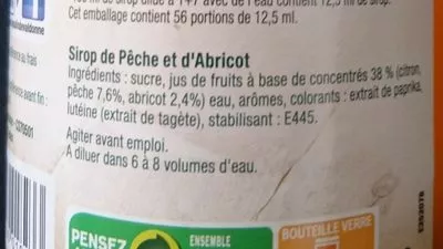 Lista de ingredientes del producto Sirop Pêche & Abricot Moulin de Valdonne 70 cl