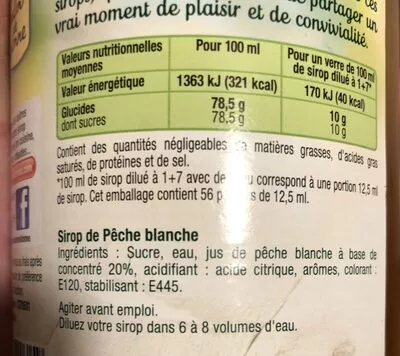 Lista de ingredientes del producto Sirop Pêche Blanche Moulin de Valdonne 70cl