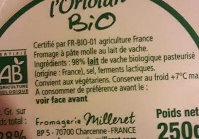 Lista de ingredientes del producto L'ortolan bio Fromagerie Milleret 250 g