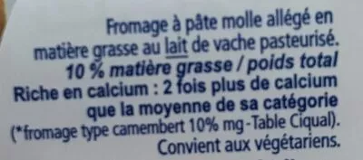 Lista de ingredientes del producto l'Ortolan Léger 10% M.G. Fromagerie Milleret 250 g