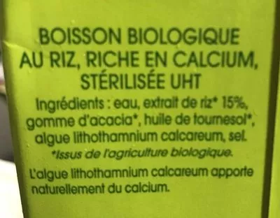 Lista de ingredientes del producto Boisson Riz calcium Sojade 1 L