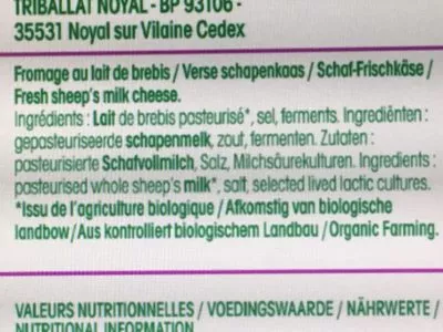 Lista de ingredientes del producto Fromage affine au lait de brebis Vrai 140 g