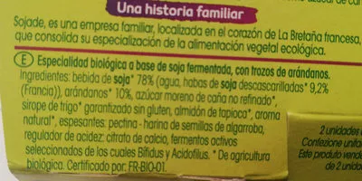 Lista de ingredientes del producto Yogurt Soja Arandanos Sojade 200 g (2x100g)