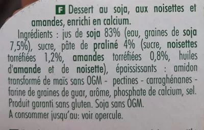 Lista de ingredientes del producto Postre Praliné Sojasun 400 g (4 x 100 g)