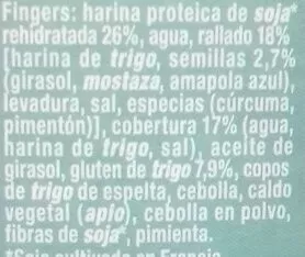 Lista de ingredientes del producto Fingers vegetales Sojasun 175 g (150 g + 25 g salsa)