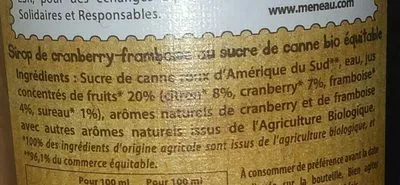 Lista de ingredientes del producto Les sirops bio equitable' Maison meneau,  Meneau 50 cl