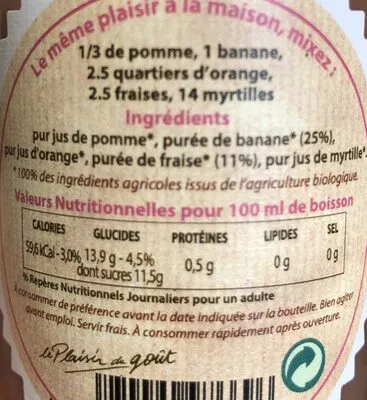 Lista de ingredientes del producto Smoothie Bio banane fraise Maison meneau 25cl