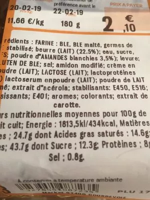 Lista de ingredientes del producto Triangle Amande x2 Carrefour 180 g