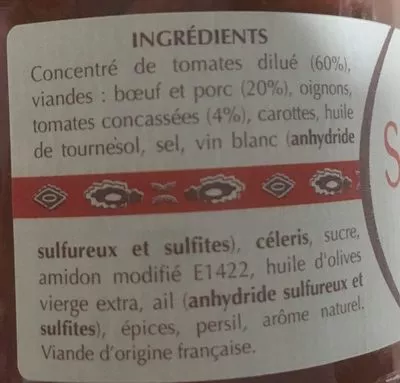 Lista de ingredientes del producto Sauce bolognaise Reynaud De Pernes 