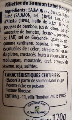 Lista de ingredientes del producto Rillettes de saumon Guyader 