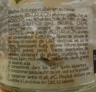 Lista de ingredientes del producto Rillettes d'esturgeon au caviar Guyader 