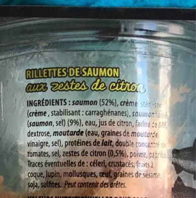 Lista de ingredientes del producto Rillettes de saumon aux zestes de citron Guyader 