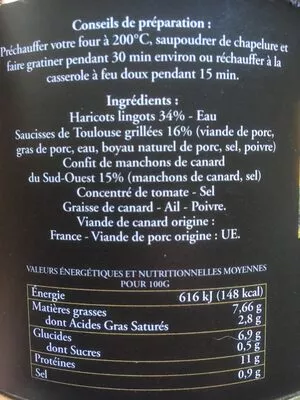 Lista de ingredientes del producto Cassoulet de Castelnaudary  