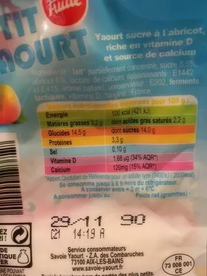 Lista de ingredientes del producto P’tit yaourt abricot Fruité 