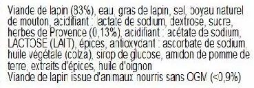 Lista de ingredientes del producto 8 SAUCISSES DE LAPIN AUX HERBES DE PROVENCE Loeul et Piriot 0.400 kg