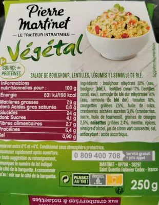 Lista de ingredientes del producto Végétal Salade de Boulghour Pierre Martinet 250g