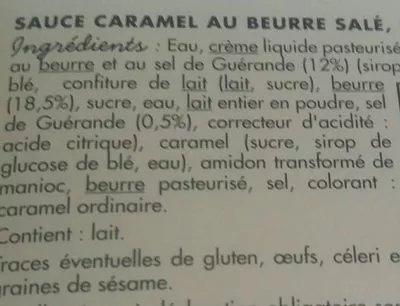 Lista de ingredientes del producto Sauce au Caramel au Beurre Salé Toupargel 200 g (4 * 50 g)