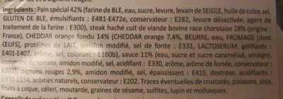 Lista de ingredientes del producto Burger charolais, cheddar sauce barbecue Grand Saloir Saint Nicolas, Burger Charolais chez d'argent et sauce barbecue 175