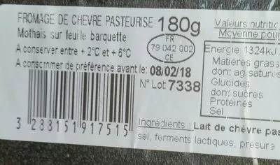 Lista de ingredientes del producto Le mothais sur feuille Poitou Chèvre 180 g