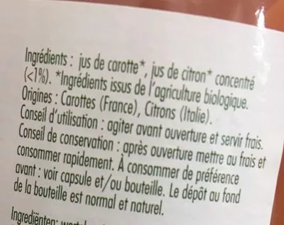 Lista de ingredientes del producto Jus de Carottes Biologiques Vitamont 75 cl