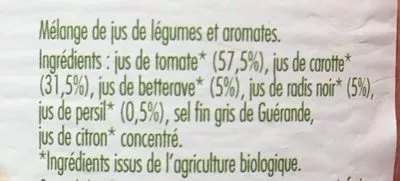 Lista de ingredientes del producto Jus de légumes biologiques Vitamont 75cl