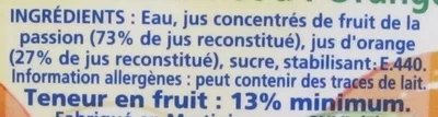 Lista de ingredientes del producto Boisson Passion / Orange Caresse antillaise 50 cl