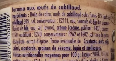 Lista de ingredientes del producto Tarama aux œufs de cabillaud Blini 100 g