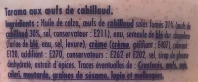 Lista de ingredientes del producto Tarama aux oeufs de cabillaud Blini 