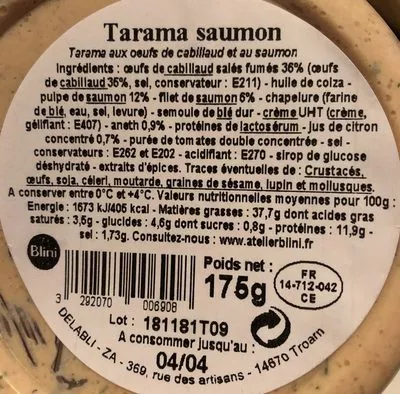 Lista de ingredientes del producto Tarama Extra au Saumon Aneth et Citron L'Atelier Blini 175 g