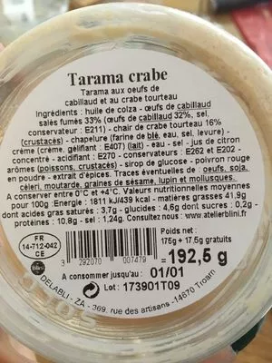 Lista de ingredientes del producto Tarama crabe L'atelier Blini 175 g