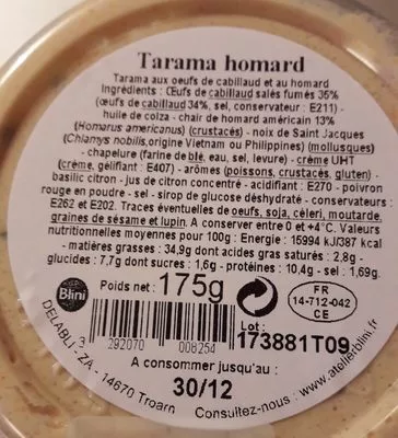 Lista de ingredientes del producto Tarama homard Atelier blini 