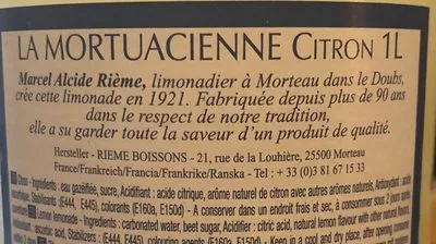 Lista de ingredientes del producto La Mortuacienne Citron La mortuacienne 1 l