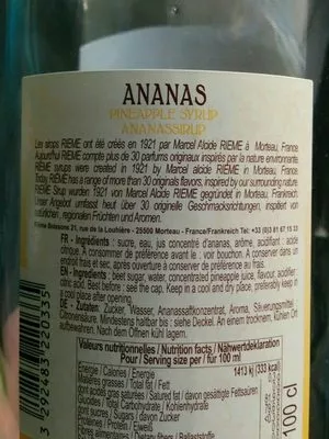 Lista de ingredientes del producto Sirop ananas Rieme 