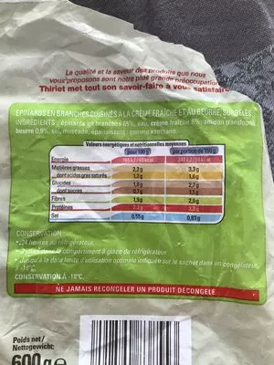 Lista de ingredientes del producto Epinards en branche à la creme Thiriet 600 g