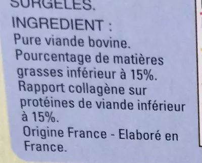 Lista de ingredientes del producto Steaks Hachés Pur Bœuf Façon Bouchère Thiriet 1 kg (8 * 125 g)