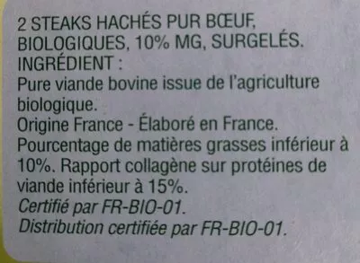 Lista de ingredientes del producto Steaks hachés biologiques,façon bouchère Thiriet 250 g e