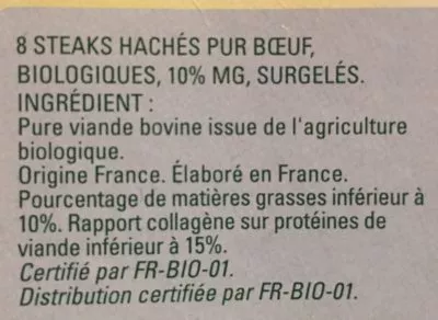 Lista de ingredientes del producto Steak Haché 10% Jean roze, Thiriet 1 Kg (8 * 125 g)