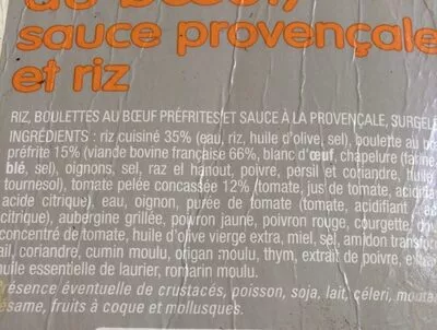 Lista de ingredientes del producto Boulettes Au Boeuf Sauce Provencale Et Riz Thiriet 300 g