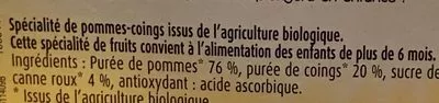 Lista de ingredientes del producto Compote Bio Pommes et Coings Charles & Alice 380 g (4 * 95 g)