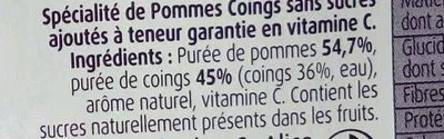 Lista de ingredientes del producto Pommes Coings sans sucres ajoutés Charles & Alice 388 g (4 * 97 g)