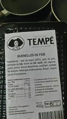 Lista de ingredientes del producto Quenelles de foie s/at Maurer Tempe 