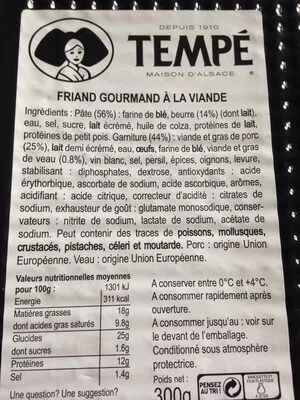 Lista de ingredientes del producto Friand gourmand a la viande Tempé 