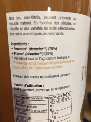 Lista de ingredientes del producto 75CL Jus Pomme Poire Coteaux nantais 75 cL