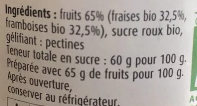 Lista de ingredientes del producto Confiture Fraises Framboises Planet Bio 360 g