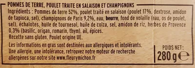 Lista de ingredientes del producto Aiguillettes de Poulet Pommes de Terre et Champignons Fleury Michon 280 g