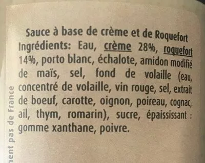 Lista de ingredientes del producto Authentique sauce roquefort  